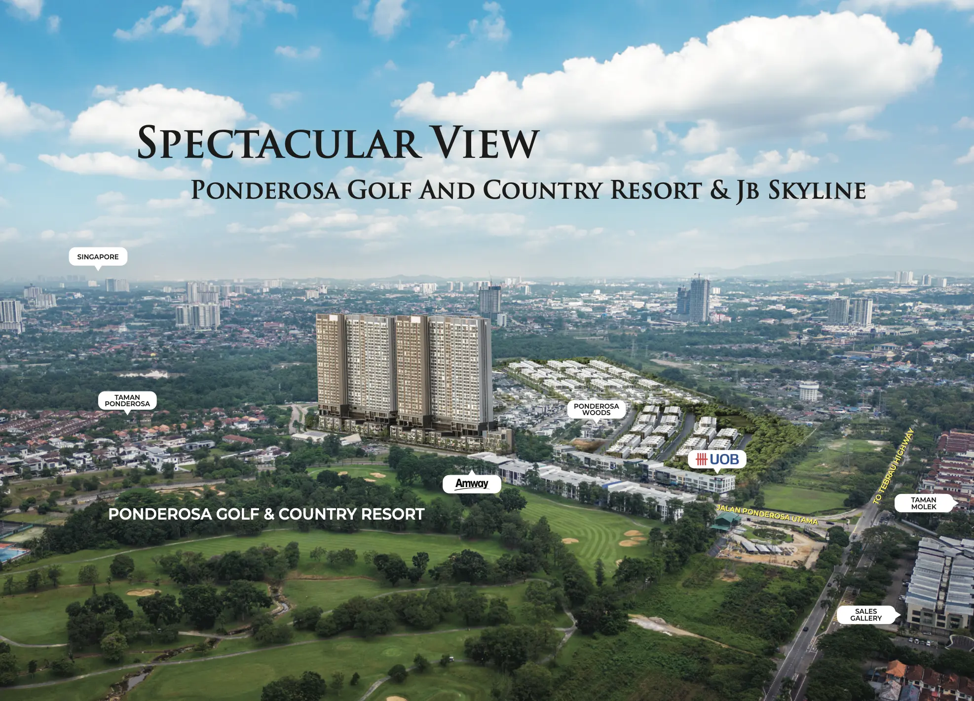 Ponderosa Regency Aerial location map rendering of Ponderosa Regency in Taman Ponderosa, showcasing its unobstructed panoramic view of the Ponderosa Golf and Country Resort and the Johor Bahru skyline.
